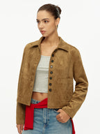 Faux Suede Button Front Collared Jacket