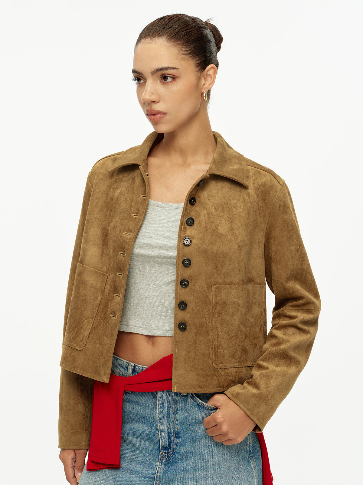 Faux Suede Button Front Collared Jacket