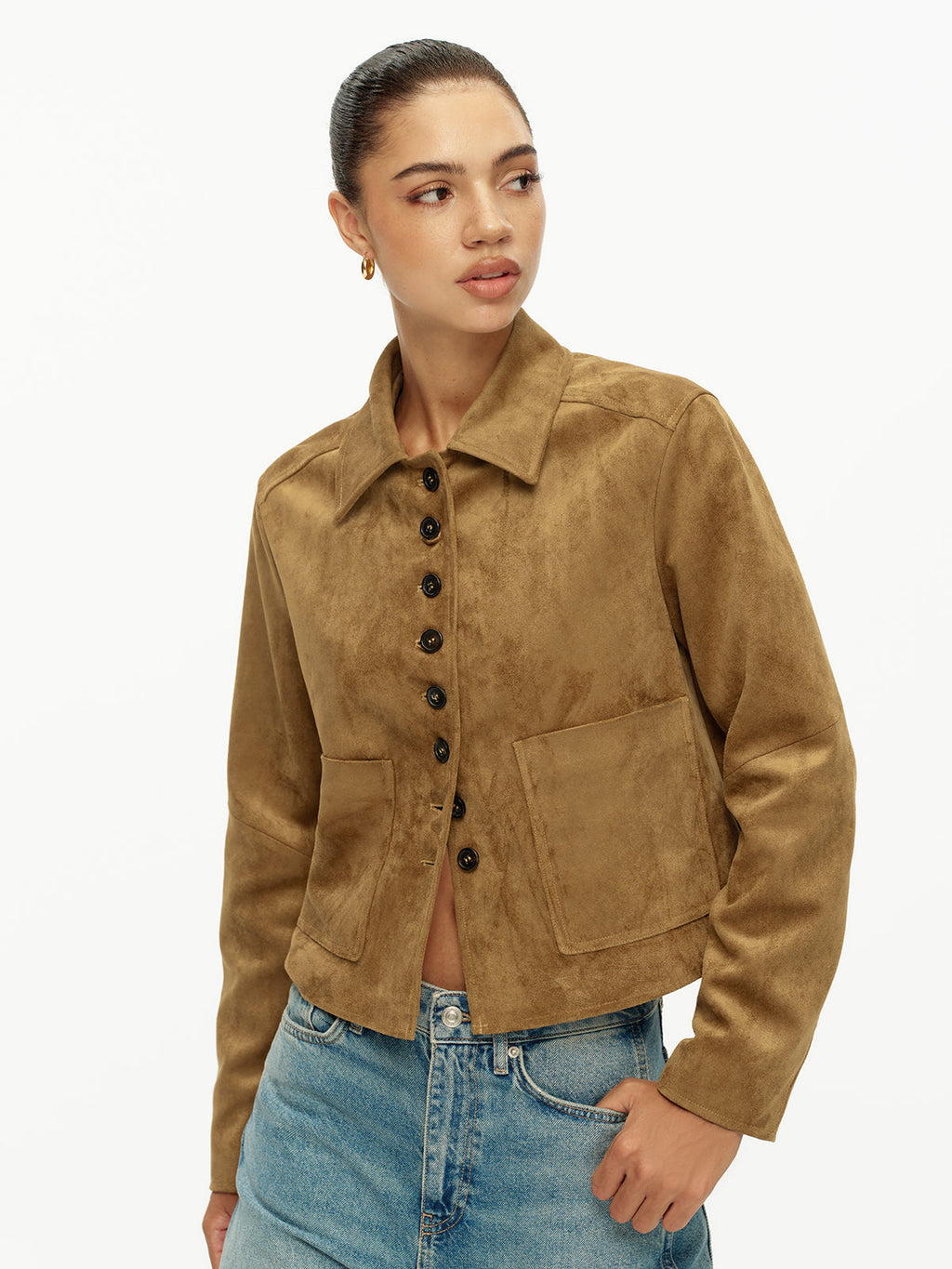 Faux Suede Button Front Collared Jacket