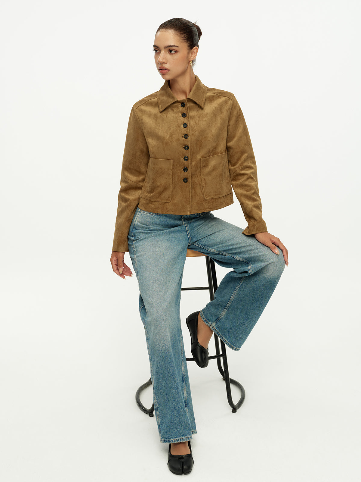 Faux Suede Button Front Collared Jacket