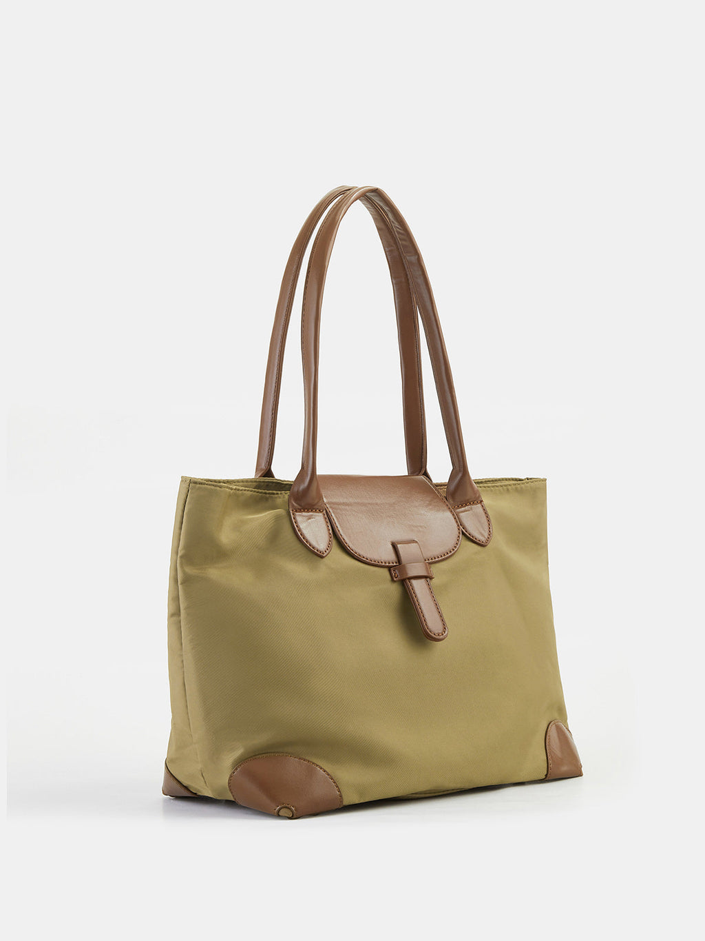 Faux Leather Trim Nylon Tote Bag