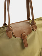 Faux Leather Trim Nylon Tote Bag
