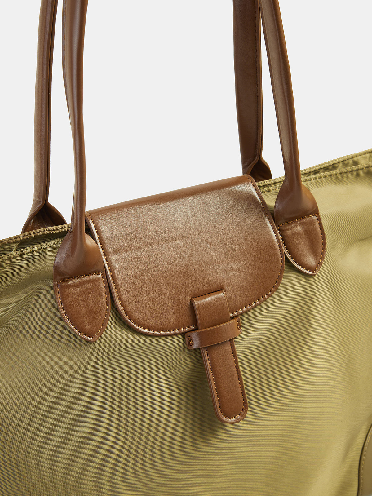 Faux Leather Trim Nylon Tote Bag