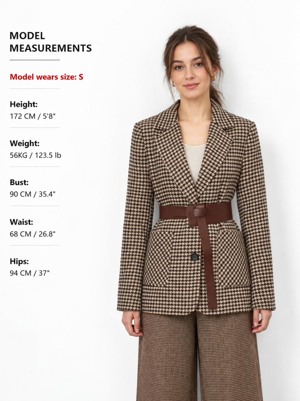 Houndstooth Split Blazer With Belt