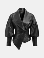Faux‑Leather Puff‑Sleeve Asymmetric Tailored Jacket