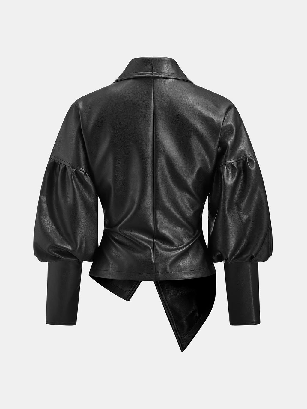 Faux‑Leather Puff‑Sleeve Asymmetric Tailored Jacket