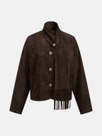 Faux Suede Jacket with Detachable Fringed Scarf