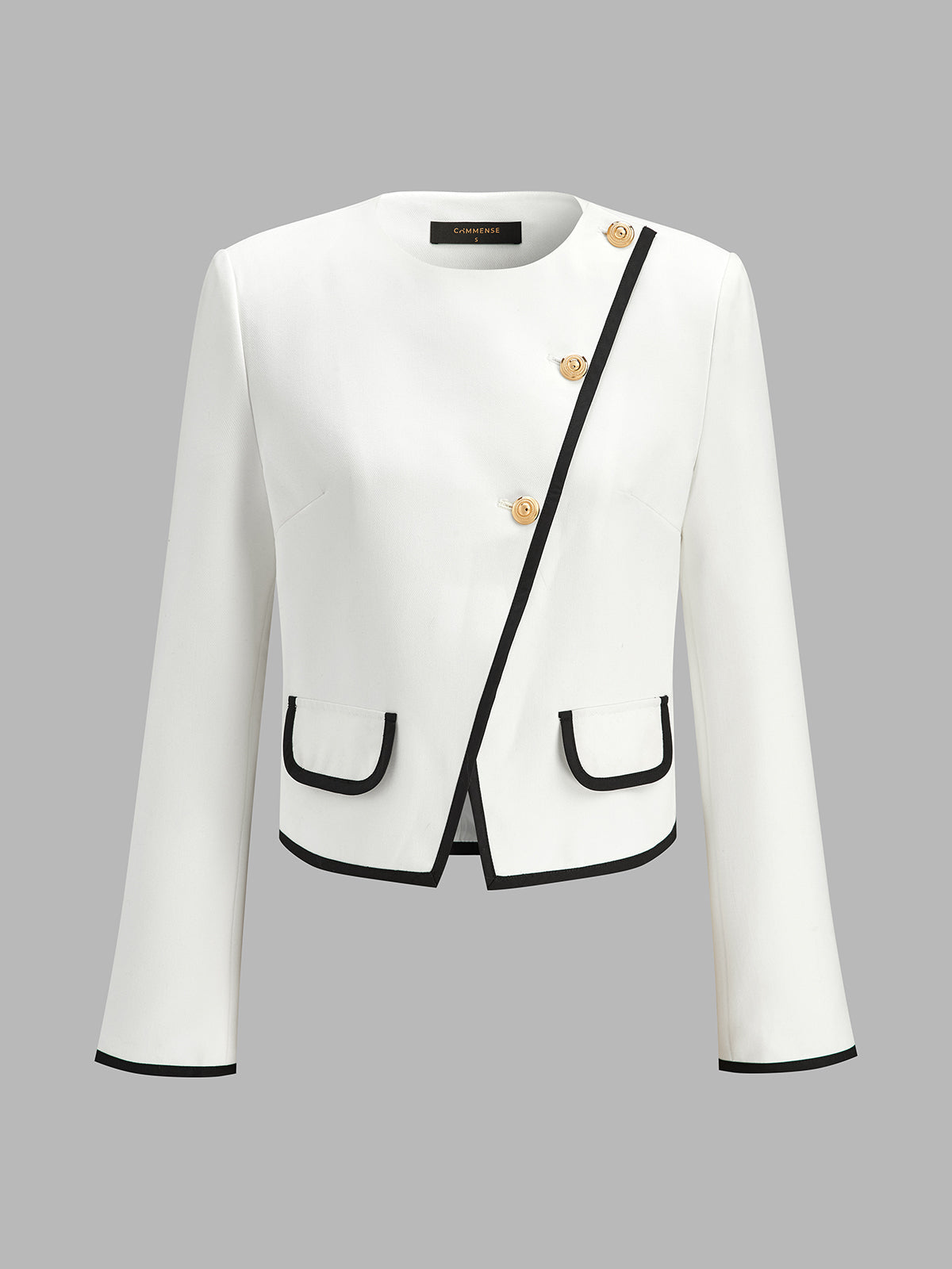 Contrast Trim Diagonal Button Cropped Blazer