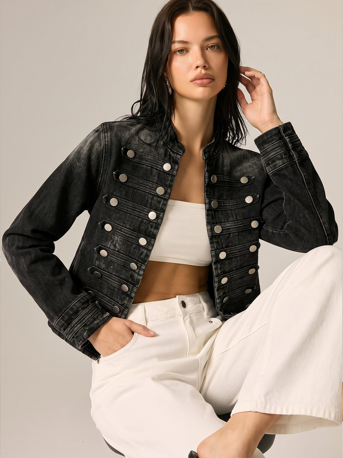 Napoleon Style Stand Collar Denim Jacket