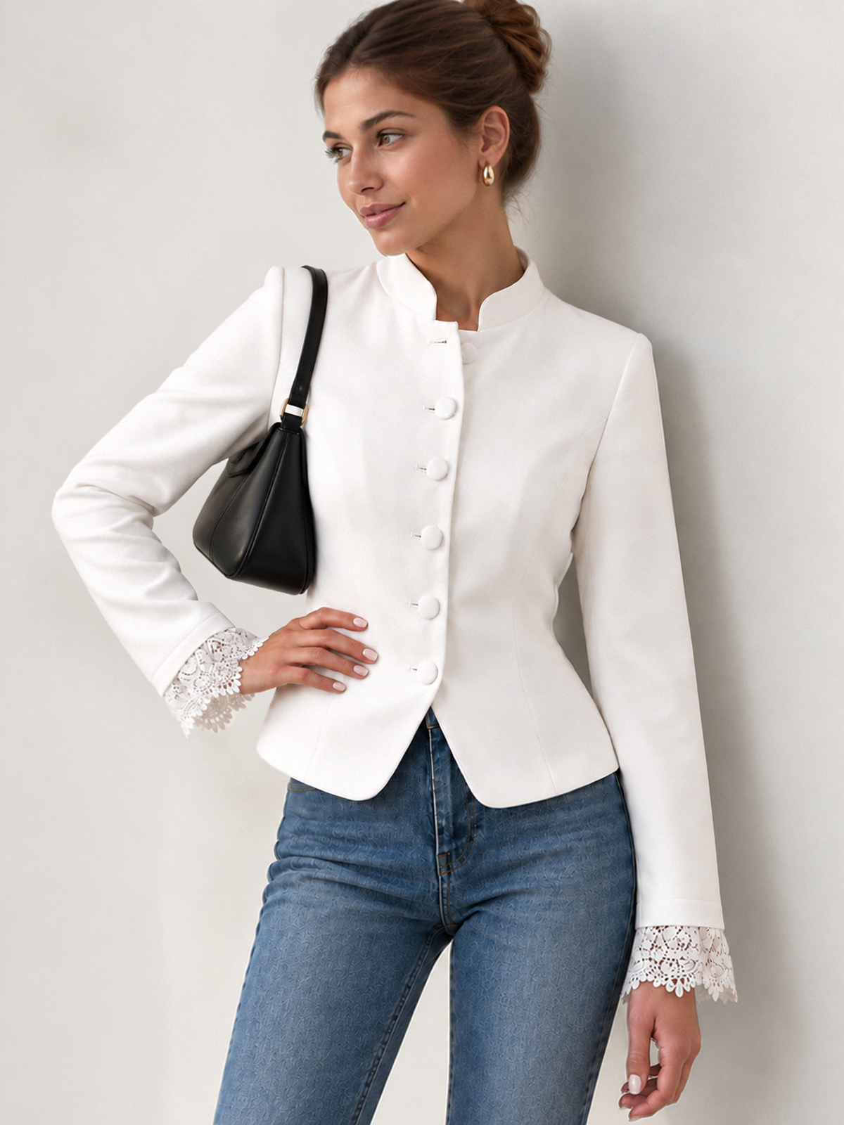 Lace Cuff Stand Collar Fitted Jacket