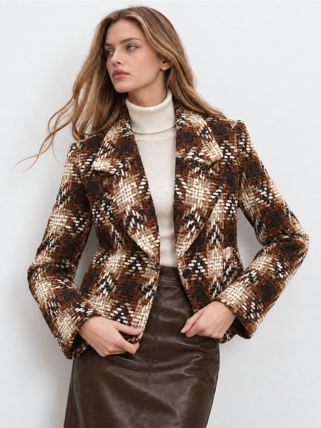 Houndstooth Wool Blend Tweed Blazer