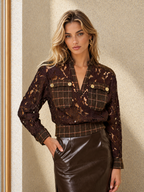 Plaid Patchwork Lace Long‑Sleeve Blouse