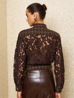 Plaid Patchwork Lace Long‑Sleeve Blouse