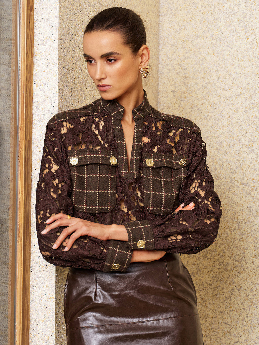 Plaid Patchwork Lace Long‑Sleeve Blouse