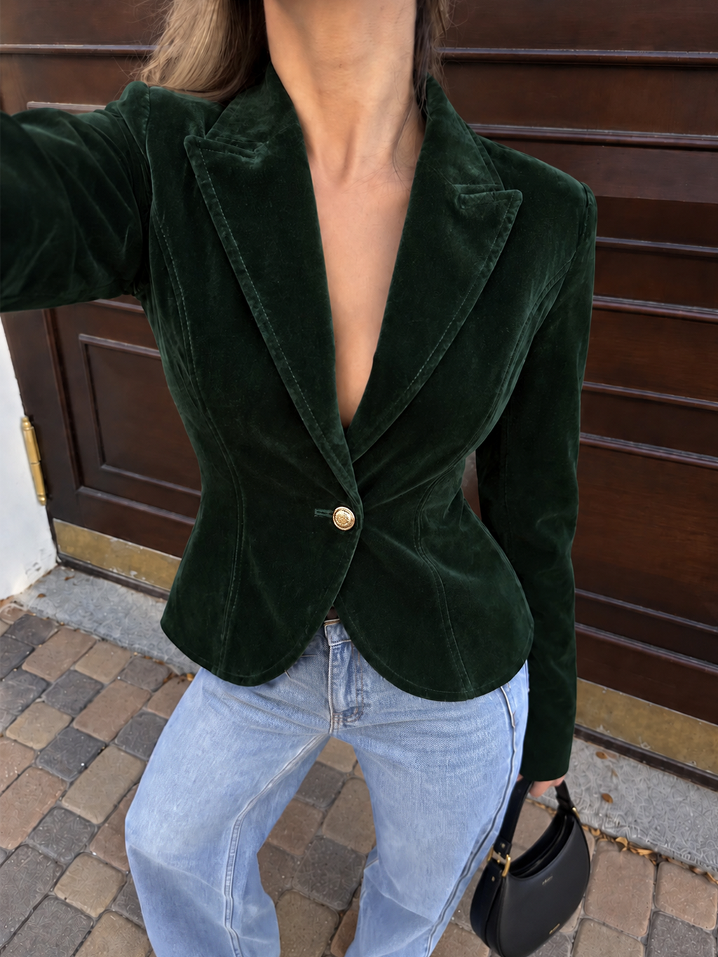 Single Metal Button Velvet Blazer