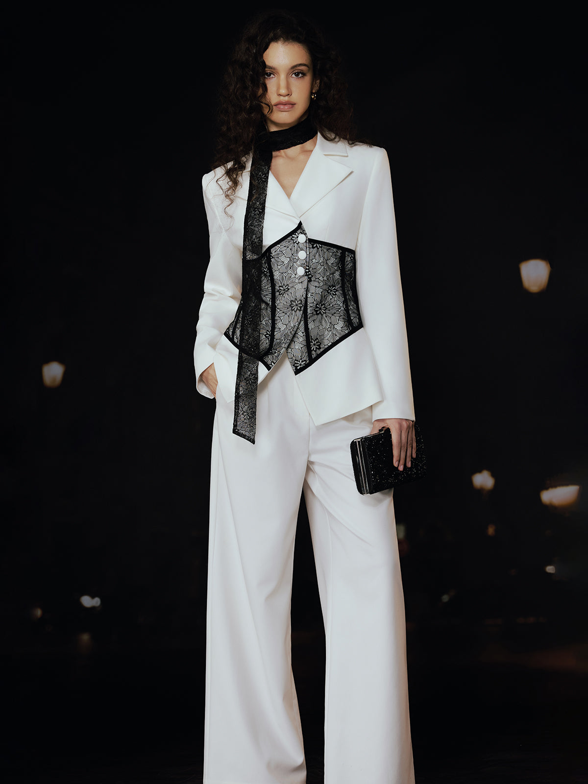 Lace Corset Panel Blazer with Lace Ribbon