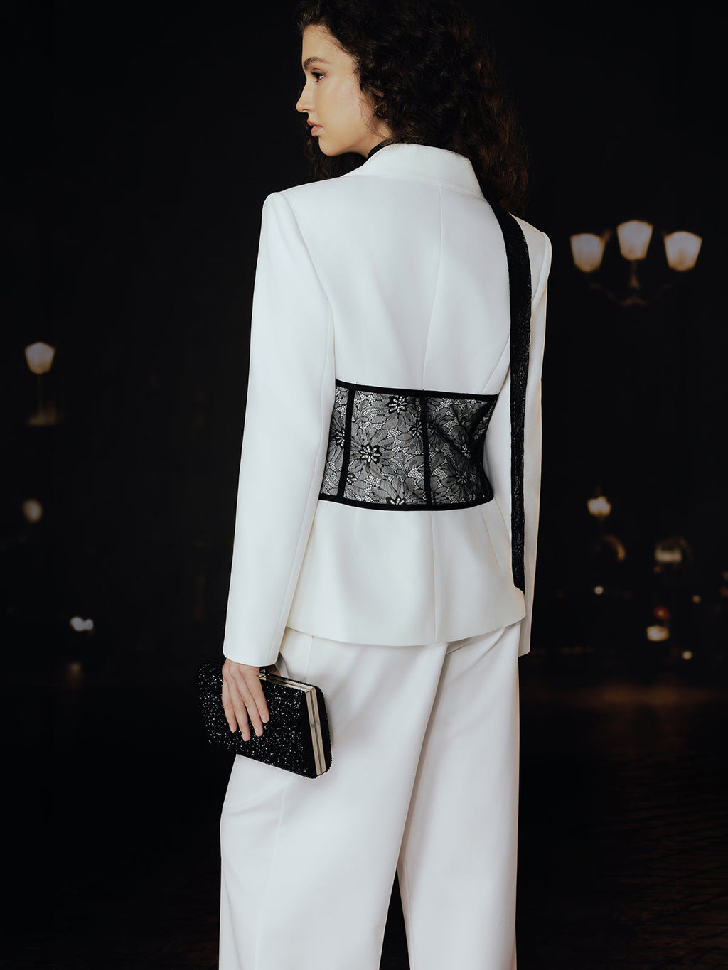 Lace Corset Panel Blazer with Lace Ribbon