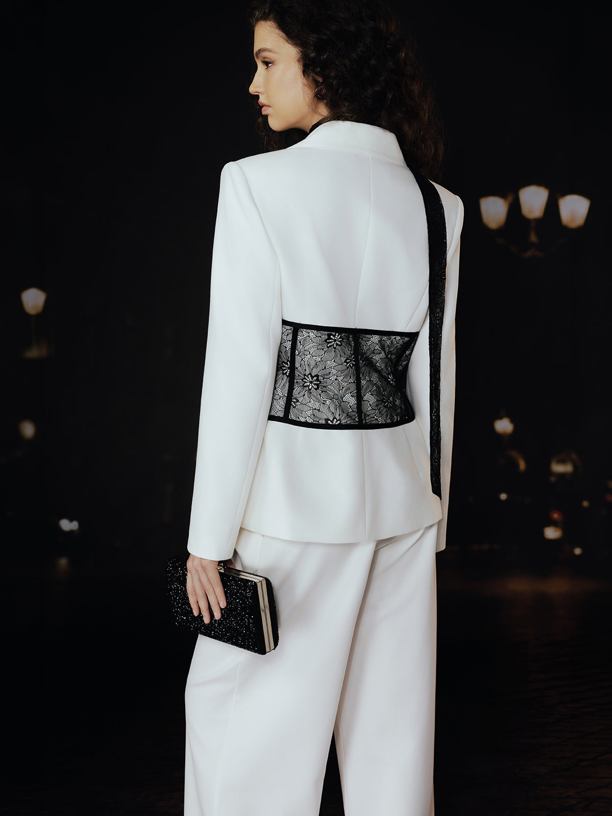 Lace Corset Panel Blazer with Lace Ribbon
