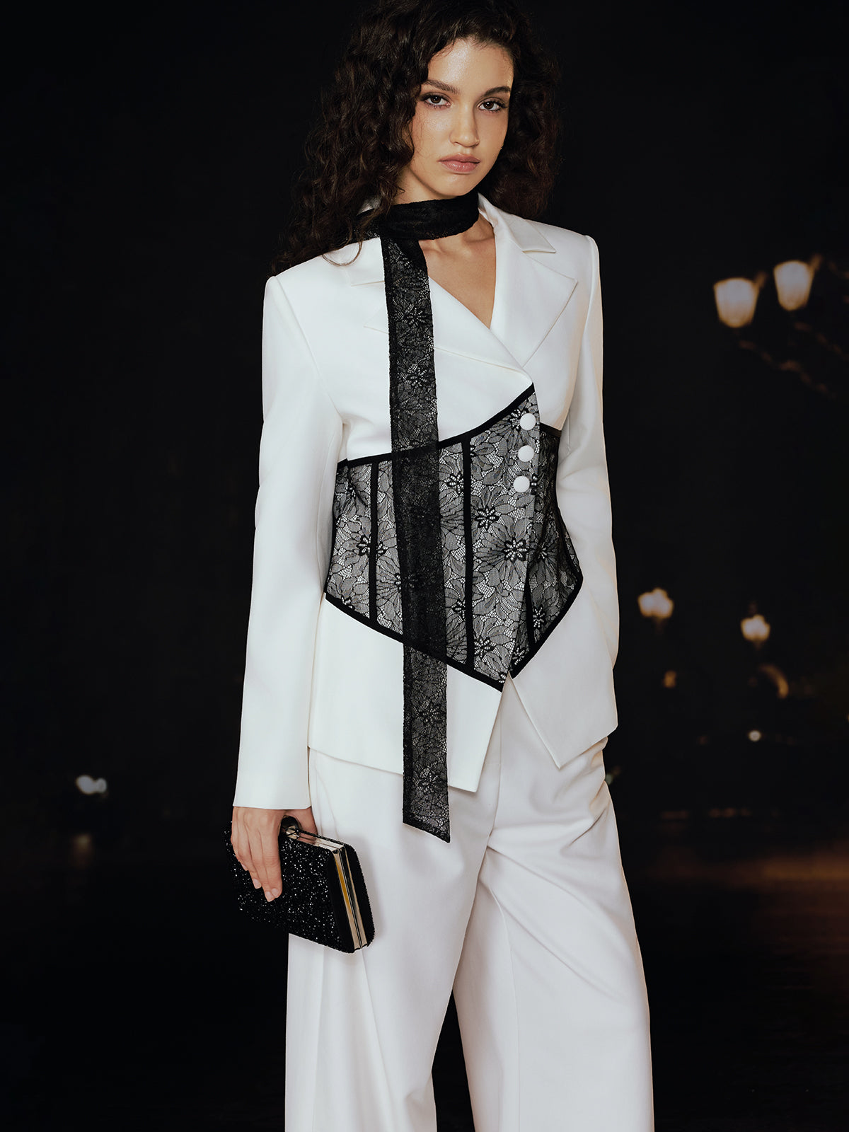 Lace Corset Panel Blazer with Lace Ribbon
