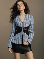 Tweed Faux Leather Waist Blazer