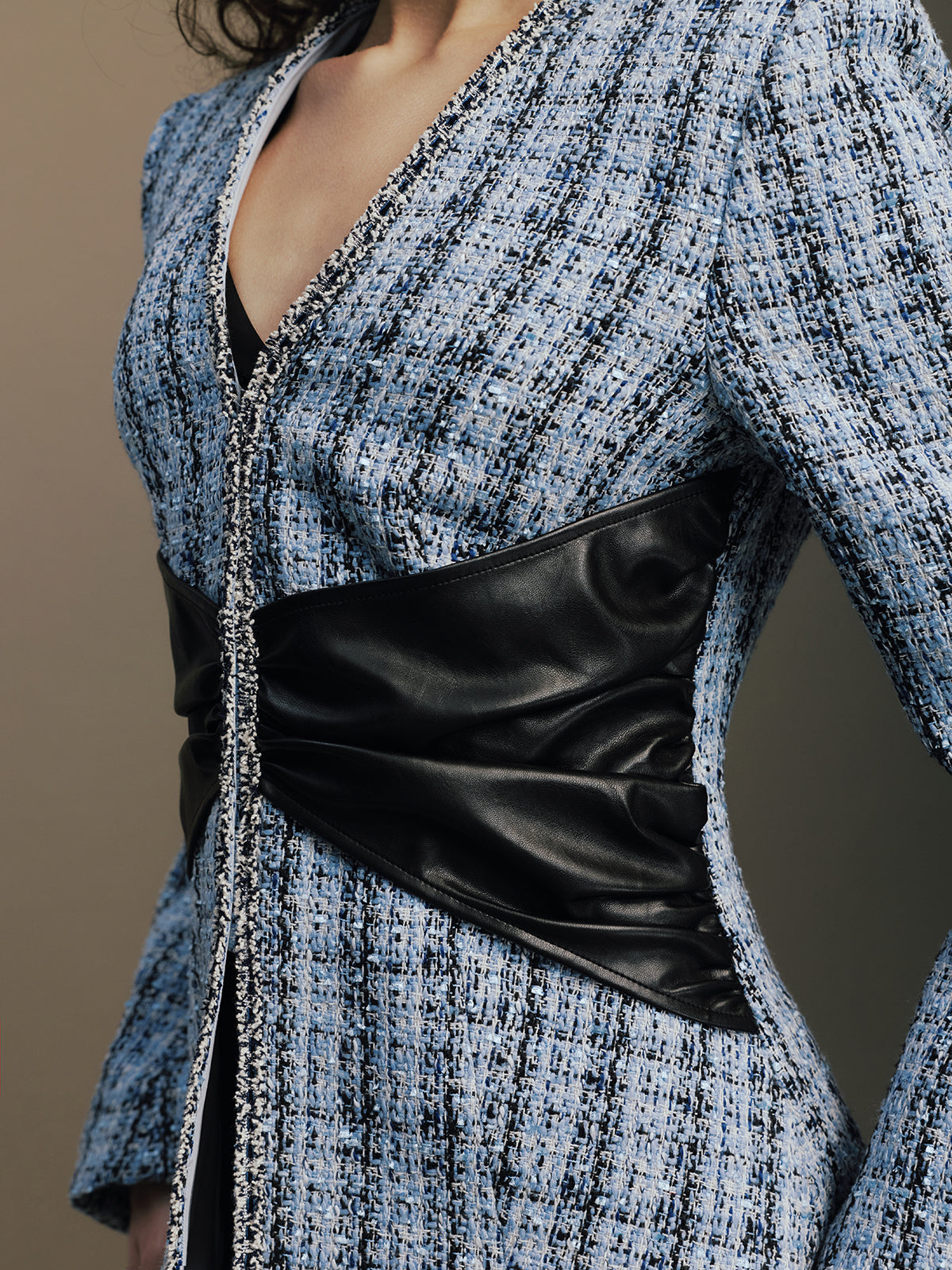 Tweed Faux Leather Waist Blazer