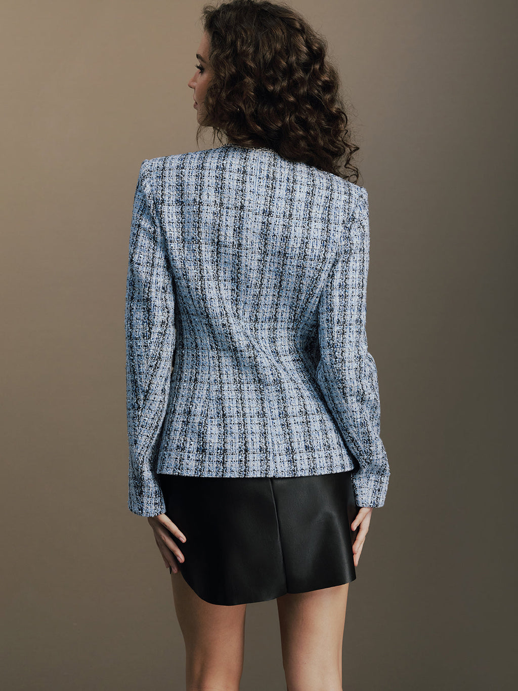 Tweed Faux Leather Waist Blazer
