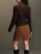 Ruffle Hem Zip Front Faux Suede Jacket