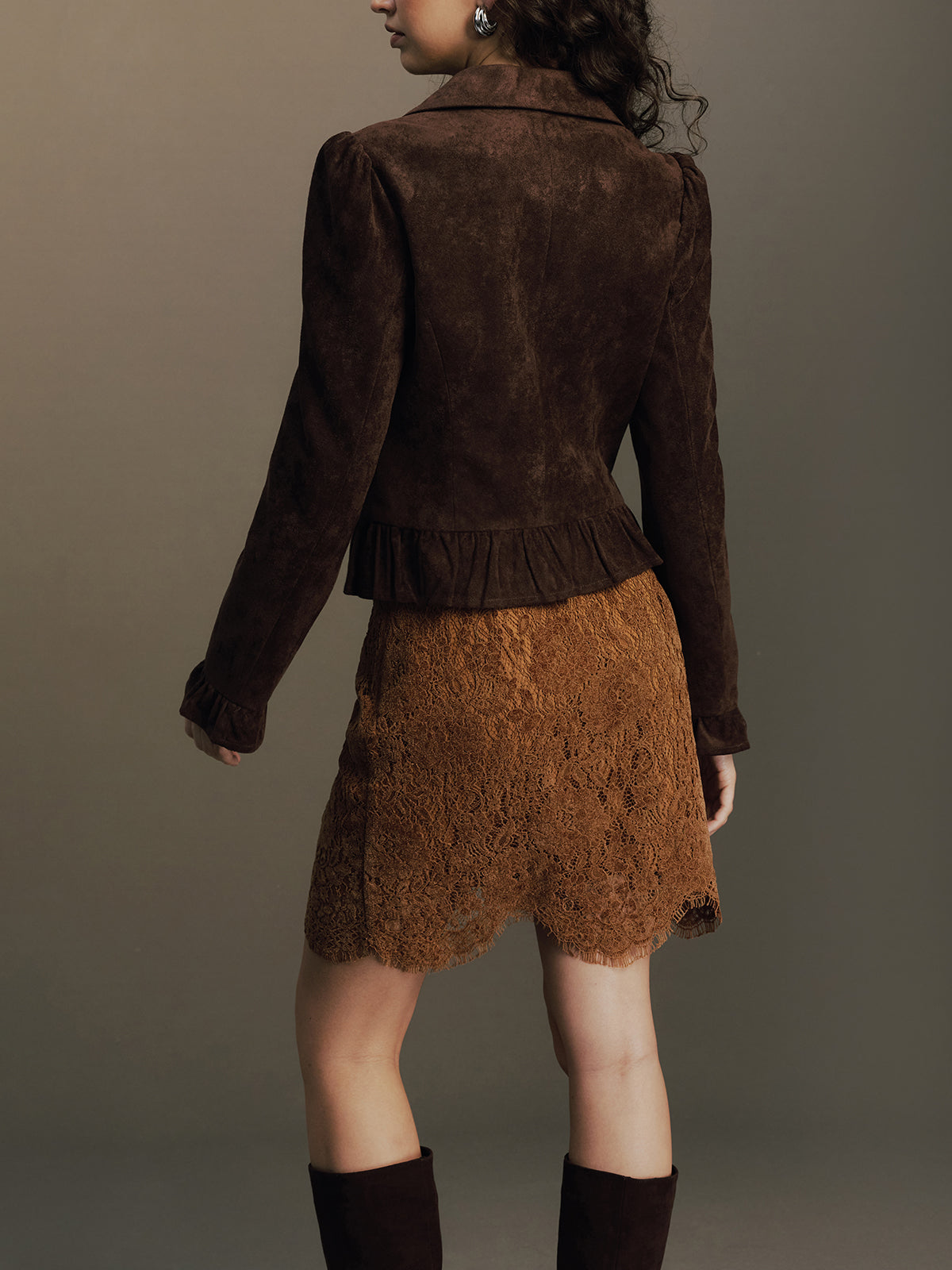 Ruffle Hem Zip Front Faux Suede Jacket