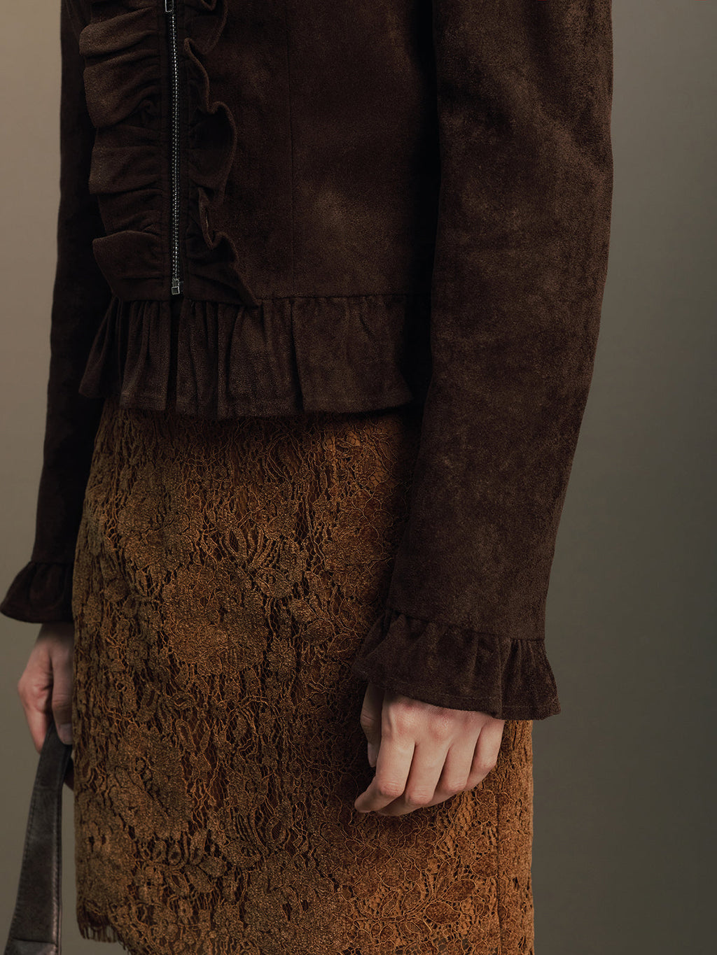 Ruffle Hem Zip Front Faux Suede Jacket
