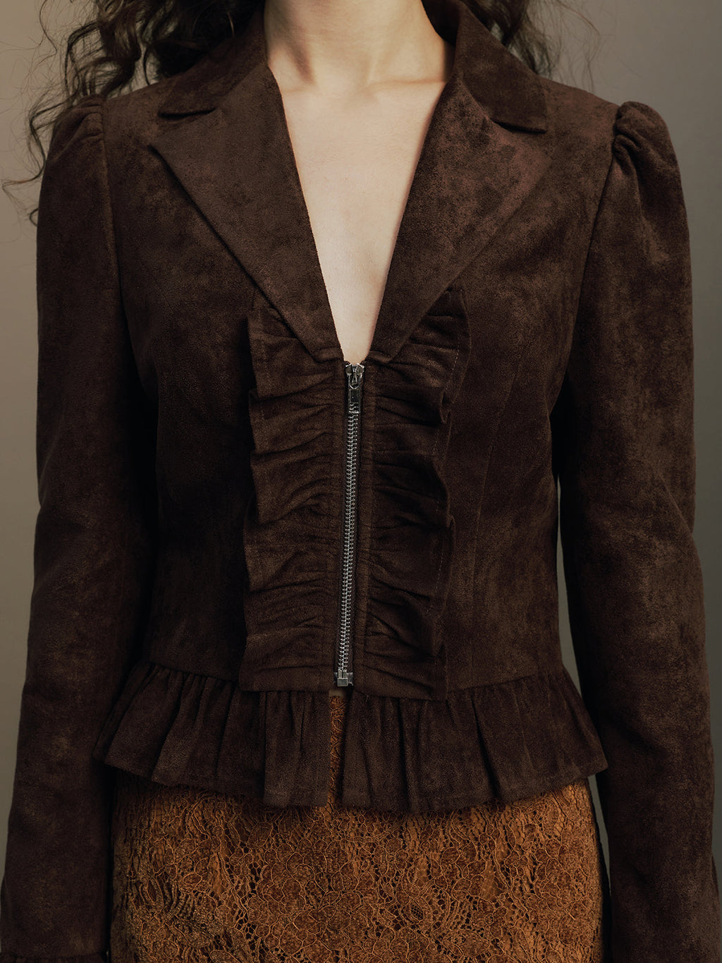 Ruffle Hem Zip Front Faux Suede Jacket