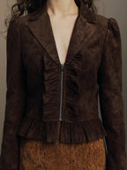 Ruffle Hem Zip Front Faux Suede Jacket