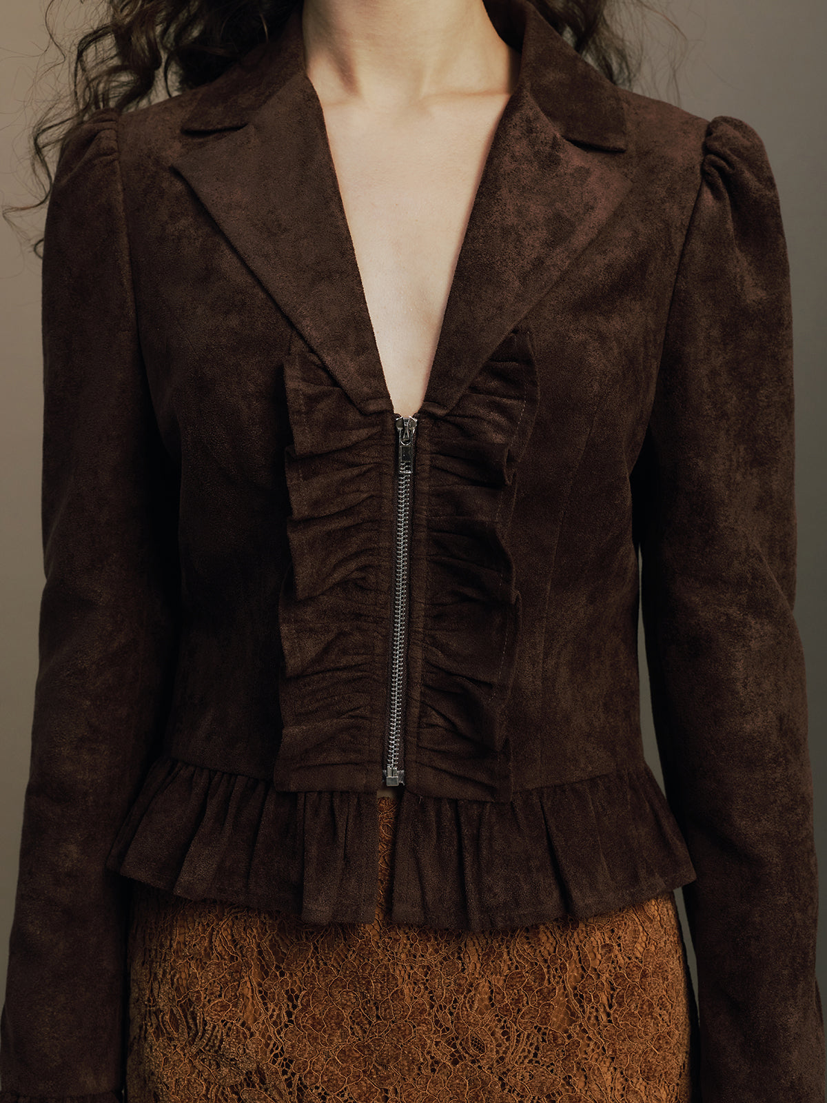 Ruffle Hem Zip Front Faux Suede Jacket