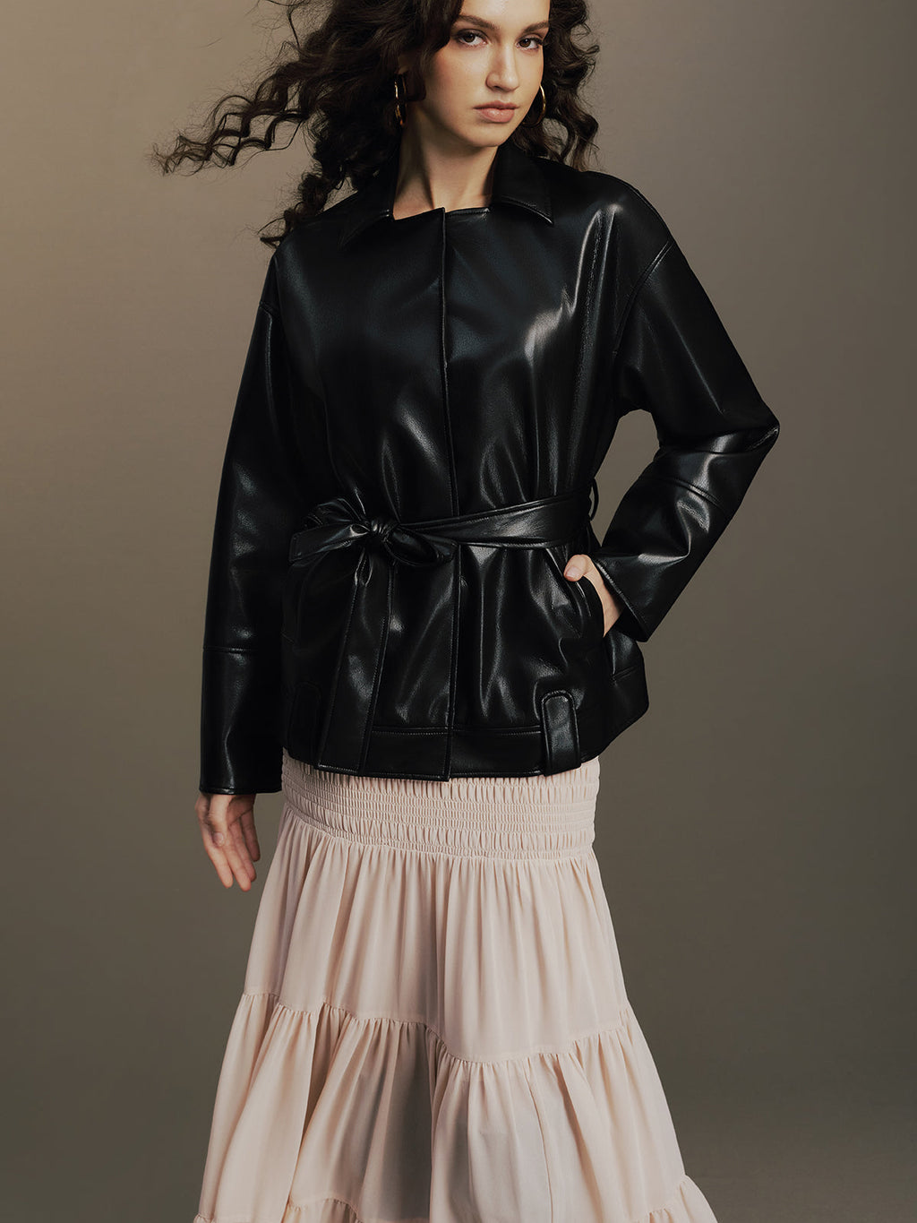 Belted Faux Leather Jacket