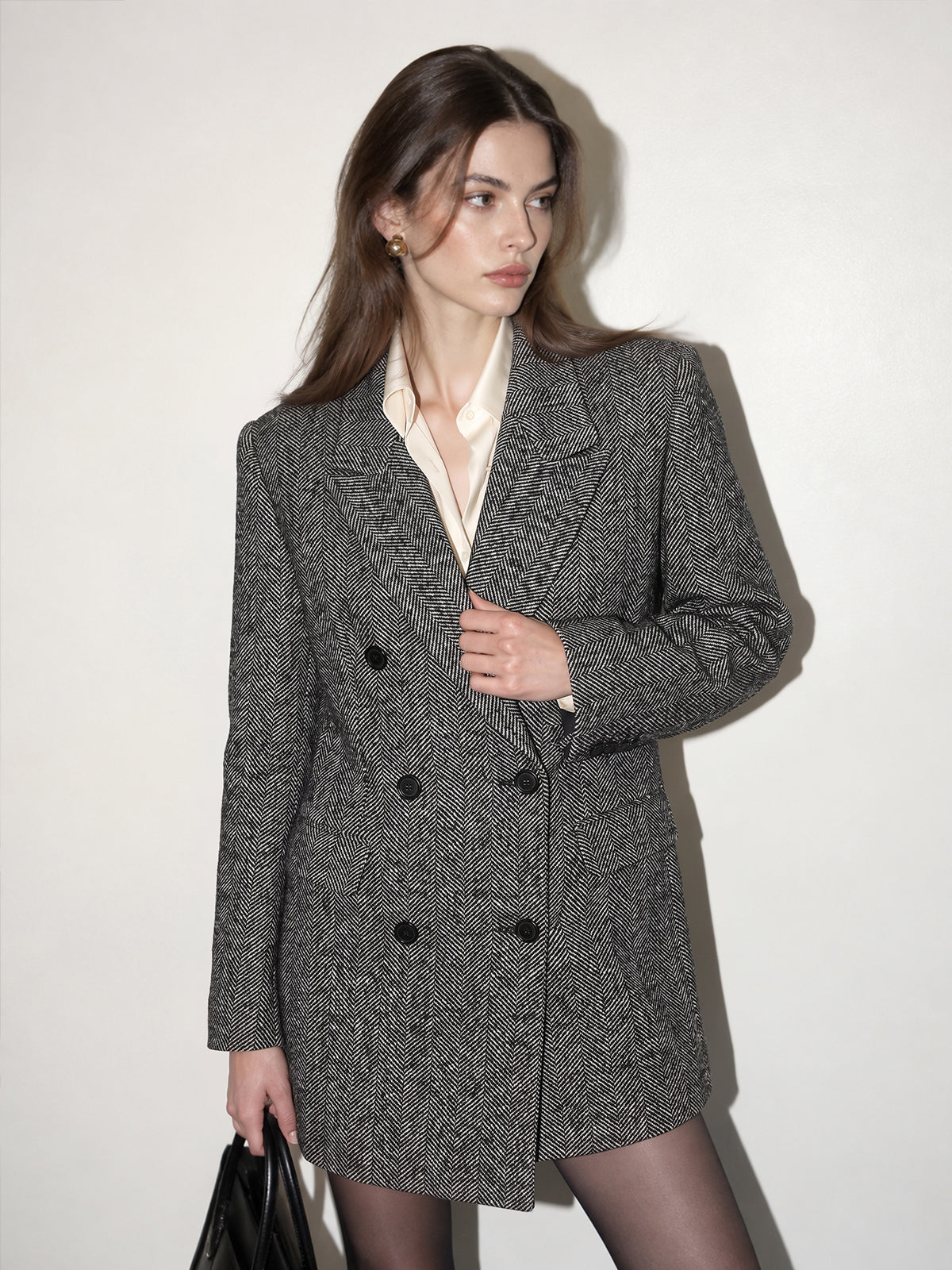 Herringbone Double Breasted Wool Blend Blazer