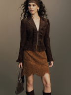 Ruffle Hem Zip Front Faux Suede Jacket