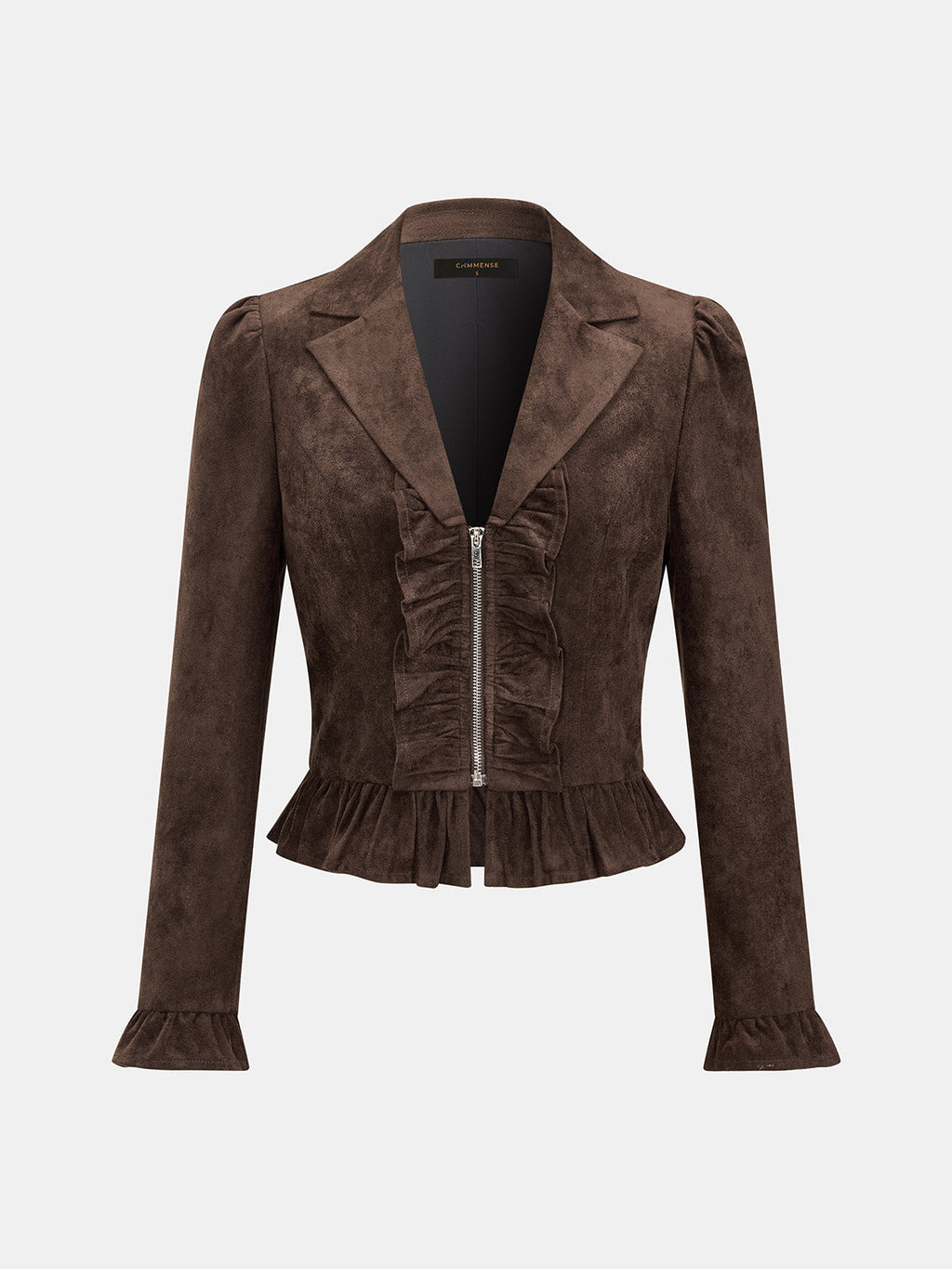 Ruffle Hem Zip Front Faux Suede Jacket