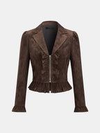 Ruffle Hem Zip Front Faux Suede Jacket