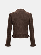 Ruffle Hem Zip Front Faux Suede Jacket