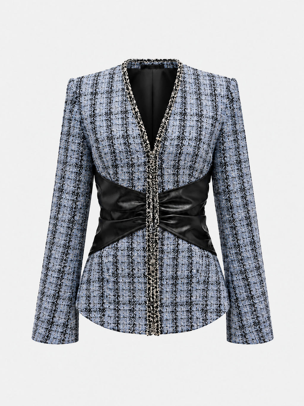 Tweed Faux Leather Waist Blazer