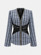 Tweed Faux Leather Waist Blazer
