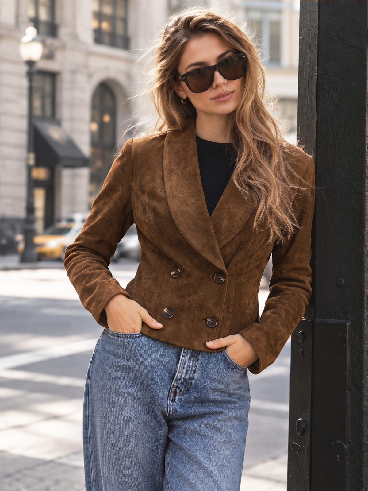 Faux Suede Double Breasted Blazer