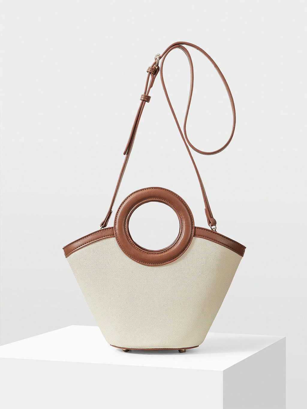 PU Trim Circular Handle Mini Handbag