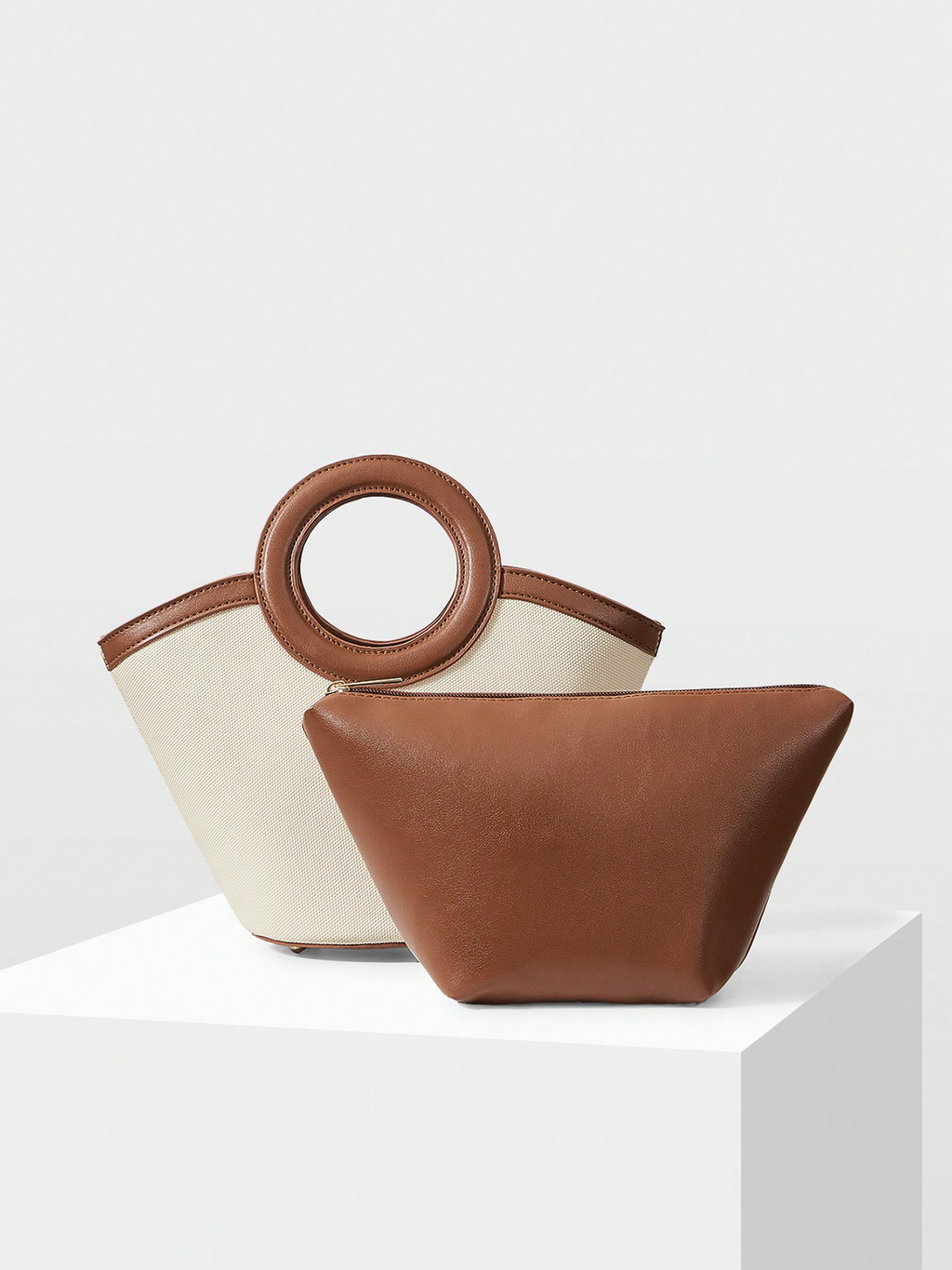 PU Trim Circular Handle Mini Handbag