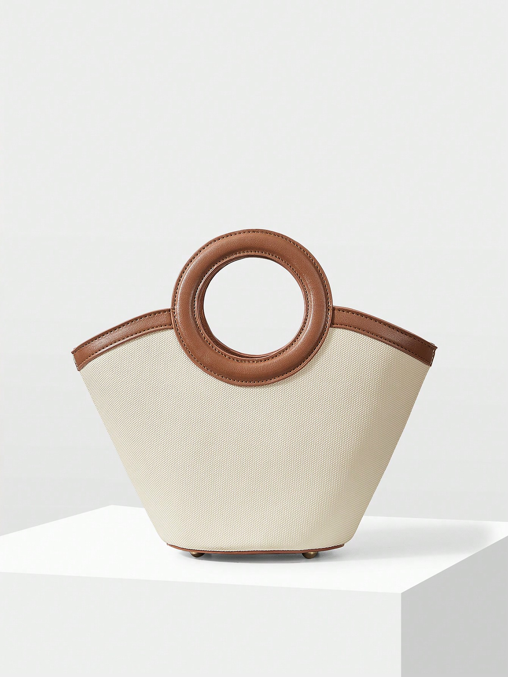 PU Trim Circular Handle Mini Handbag