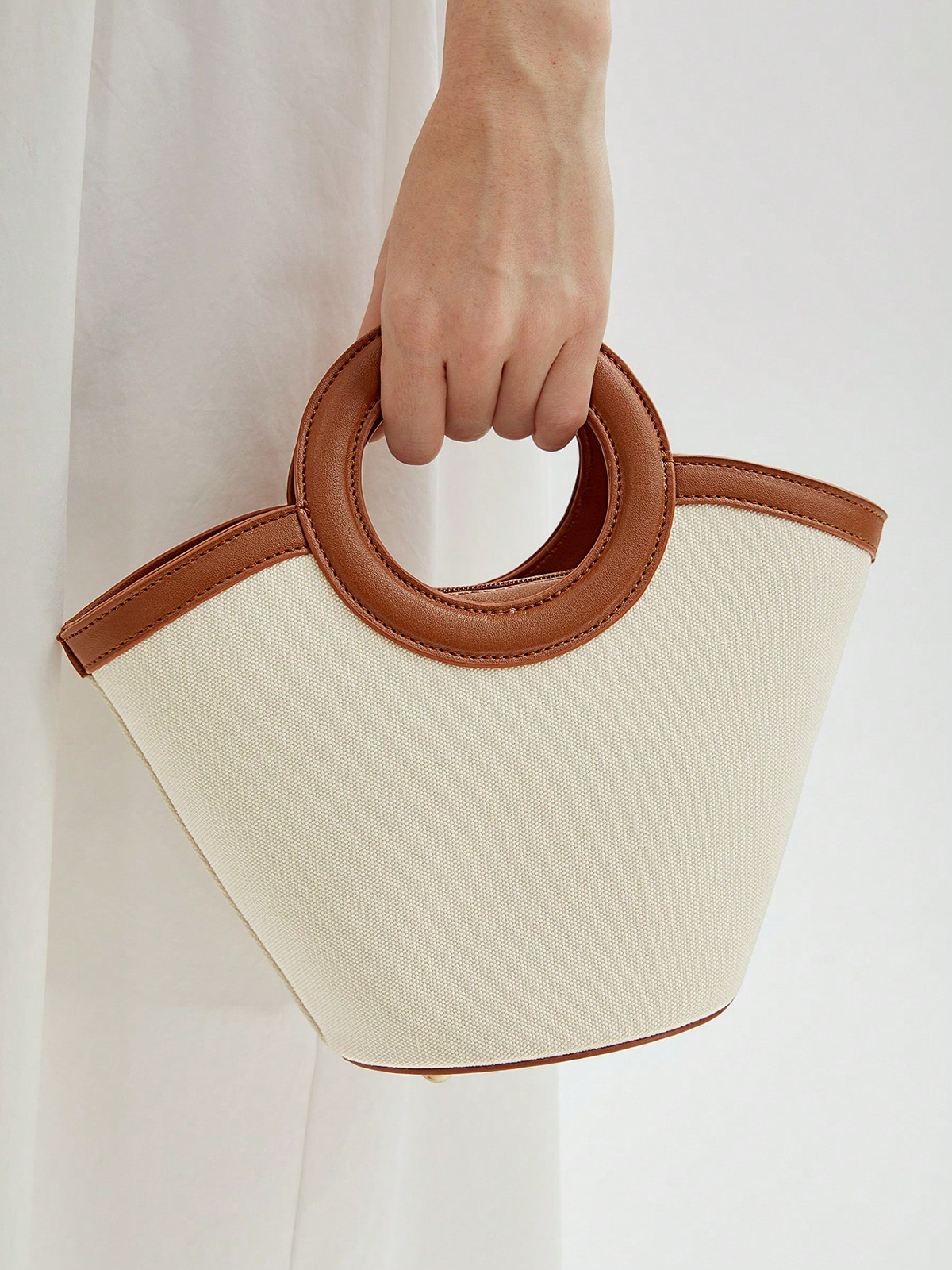 PU Trim Circular Handle Mini Handbag