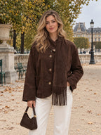 Faux Suede Jacket with Detachable Fringed Scarf
